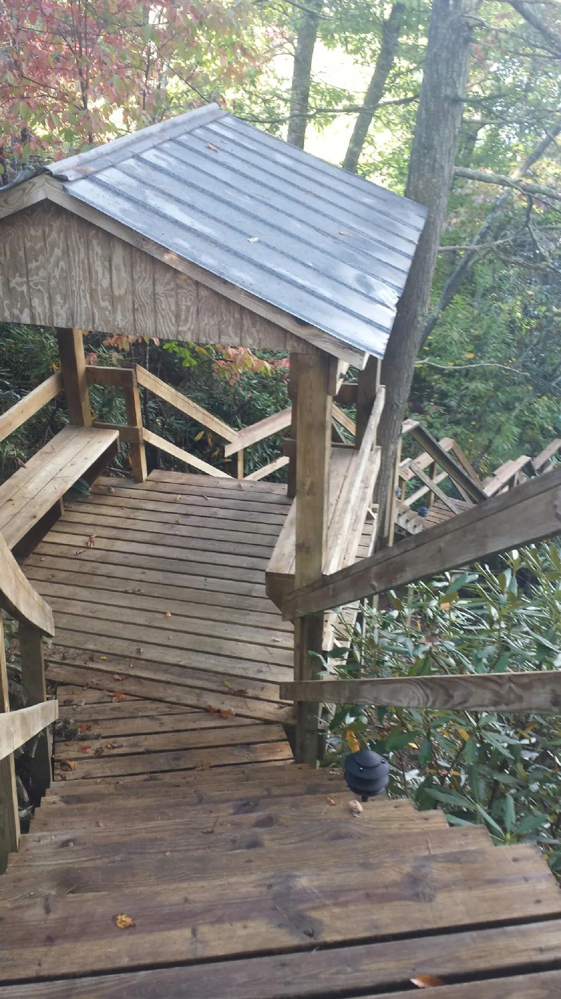 Metal roofed shelter over wooden steps on a wooded walkway — Skylight Repair & Installation work by our crew in Harris